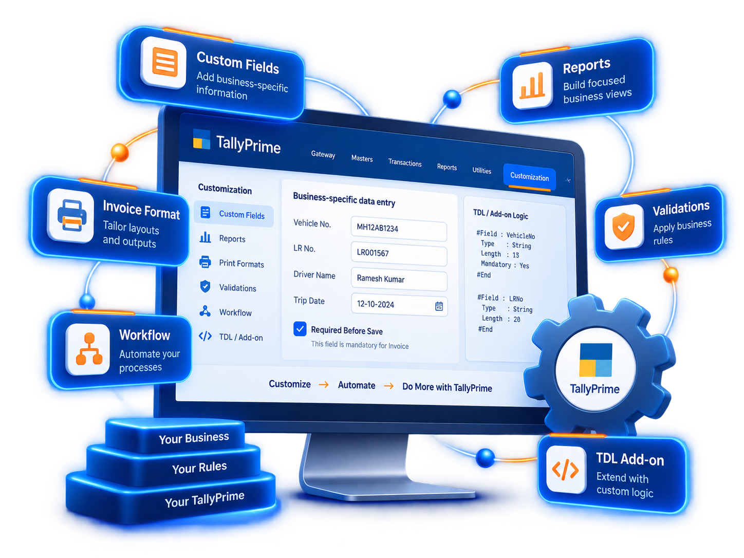 TallyPrime customization with custom fields, reports, invoice formats, validations, workflow and TDL add-on